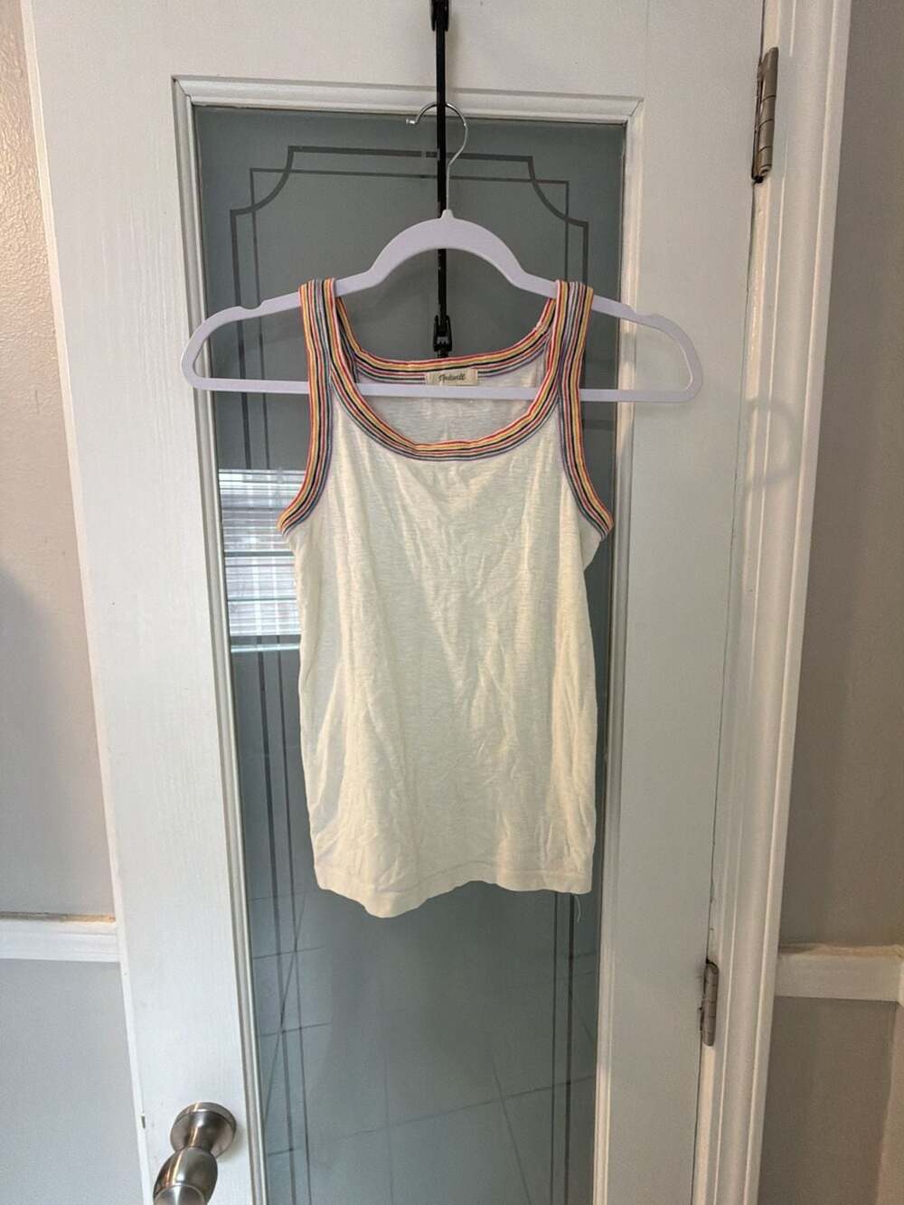 Madewell White Rainbow Striped Trim Whisper Cotton Scoopneck Tank Top
